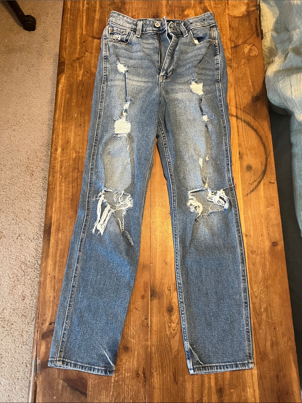 Hollister Distressed Straight Leg Jeans - Light Blue